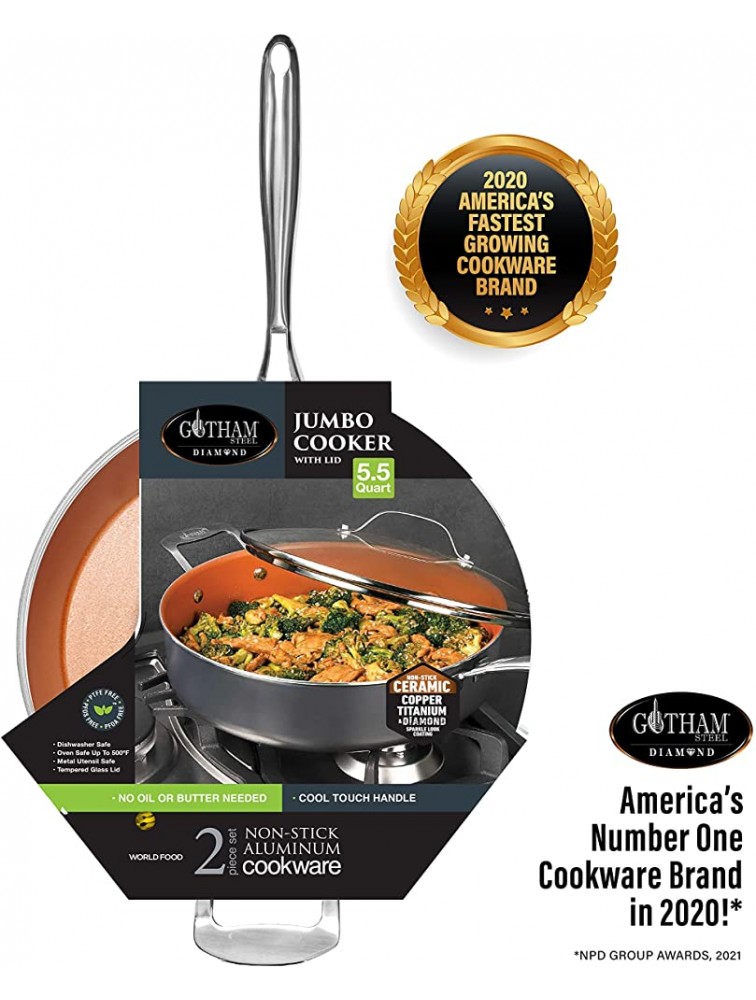 Gotham Steel Nonstick Sauté Pan with Lid – 5.5 Quart. Multipurpose Ceramic Jumbo Cooker Fry Pan with Glass Lid Stay Cool Handle + Helper Handle Oven Stovetop & Dishwasher Safe 100% PFOA Free - BJ8YRS2UI