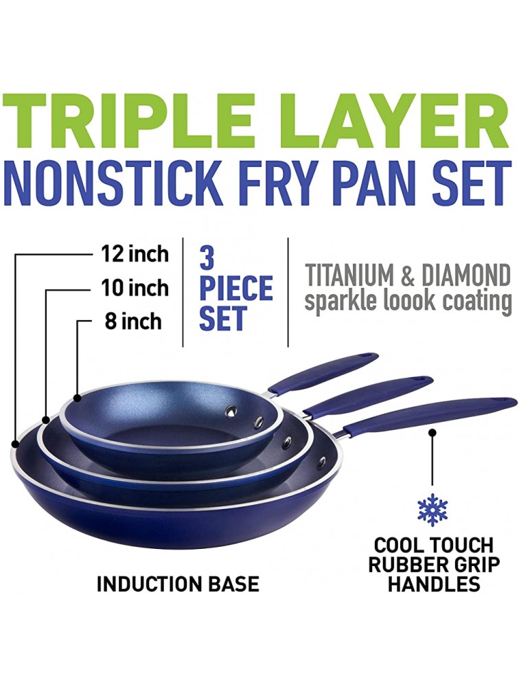 Granitestone Blue Frying Pan Set 3 Piece Nonstick Fry Pans 8” 10” & 12” Nonstick Mineral and Diamond Triple Coated Frying Pans Omelet Pan Cookware PFOA Free Dishwasher Safe Cool Touch Handle - BC2UKAE7X