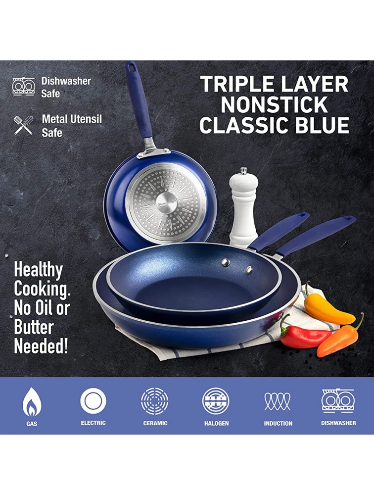 Granitestone Blue Frying Pan Set 3 Piece Nonstick Fry Pans 8” 10” & 12” Nonstick Mineral and Diamond Triple Coated Frying Pans Omelet Pan Cookware PFOA Free Dishwasher Safe Cool Touch Handle - BC2UKAE7X