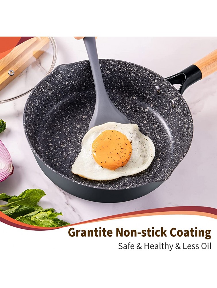 Nonstick Deep Saute Pan with Lid 9.5-inch Frying Pan Skillet with Wood Detachable Handle Healthy Granite Stone Coating Cooking Chef Pan Induction Compatible Grey - BM5NY6GUR