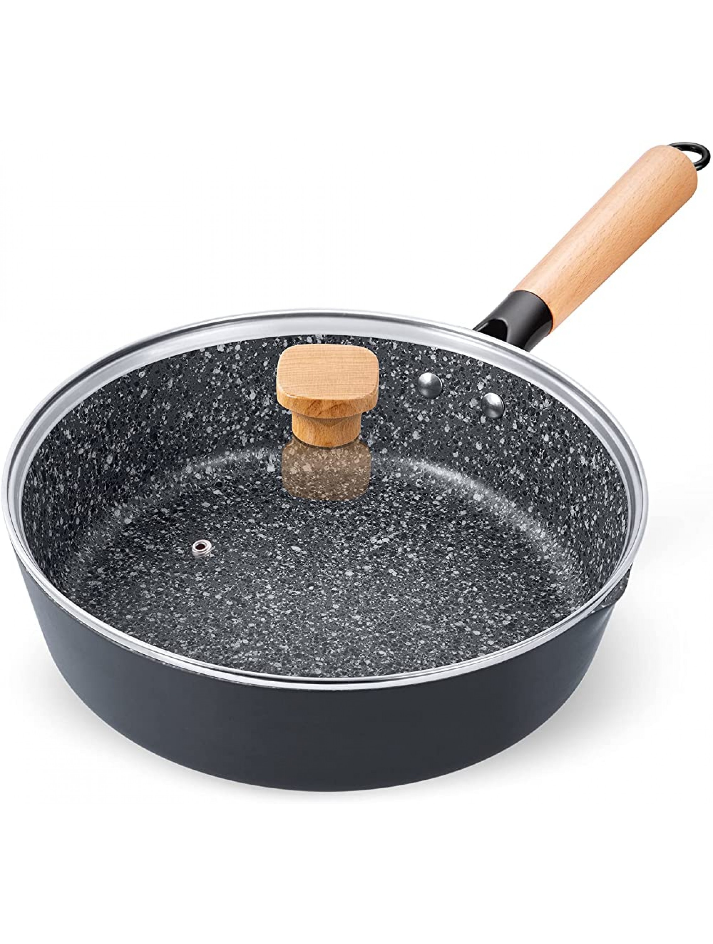 Nonstick Deep Saute Pan with Lid 9.5-inch Frying Pan Skillet with Wood Detachable Handle Healthy Granite Stone Coating Cooking Chef Pan Induction Compatible Grey - BM5NY6GUR