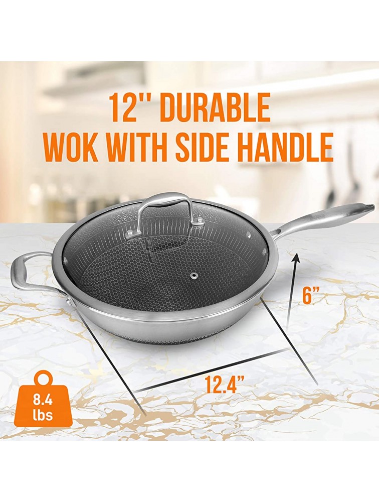 12 Stainless Steel Durable Wok Triply Kitchenware Wok with Glass Lid Side Handle DAKIN Etching Non-Stick Coating Scratch-resistant Raised-up Honeycomb Fire Textured Pattern NutriChef NCS3PWOK - BOGU9QVOH