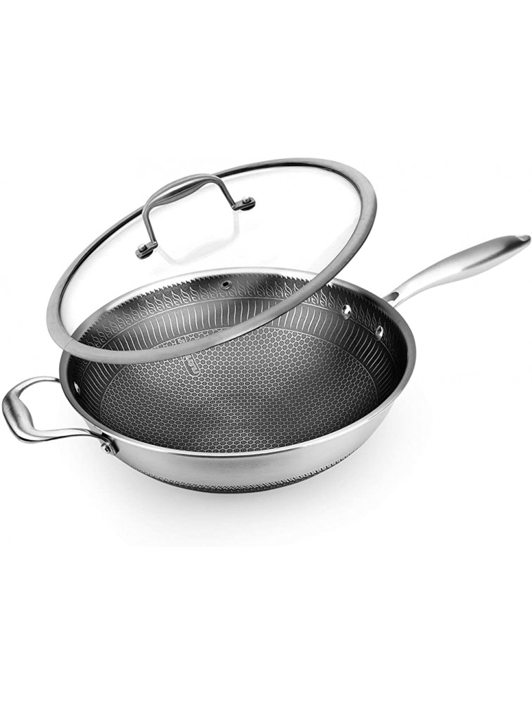 12" Stainless Steel Durable Wok Triply Kitchenware Wok with Glass Lid Side Handle DAKIN Etching Non-Stick Coating Scratch-resistant Raised-up Honeycomb Fire Textured Pattern NutriChef NCS3PWOK - BOGU9QVOH