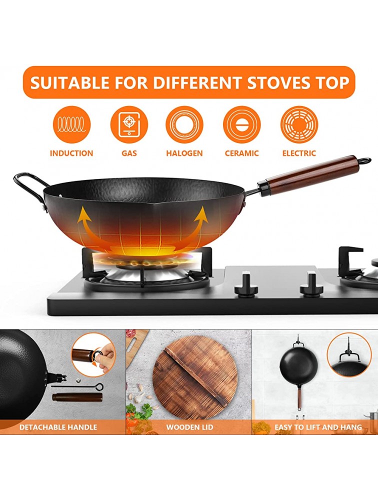 13'' Carbon Steel Wok Pan with Lid and Spatula 15Pcs Stir Fry Pans Chinese Wok Flat Bottom Wok Nonstick Wok with Cooking Utensils Wok with Detachable Wooden Handle for Gas Stove or Cassette Furnace - BUZ829JW4