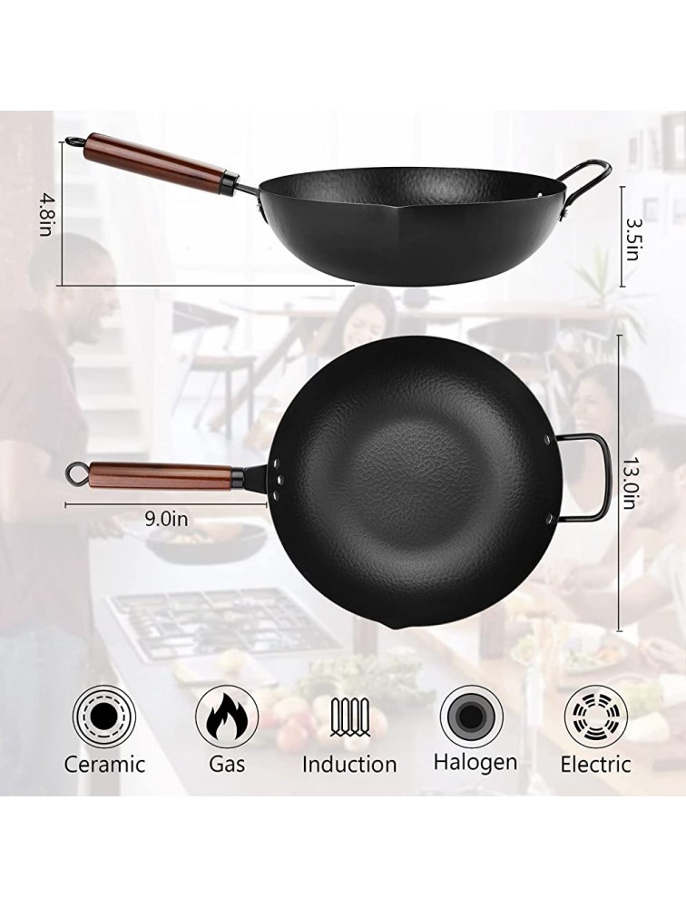 13'' Carbon Steel Wok Pan with Lid and Spatula 15Pcs Stir Fry Pans Chinese Wok Flat Bottom Wok Nonstick Wok with Cooking Utensils Wok with Detachable Wooden Handle for Gas Stove or Cassette Furnace - BUZ829JW4