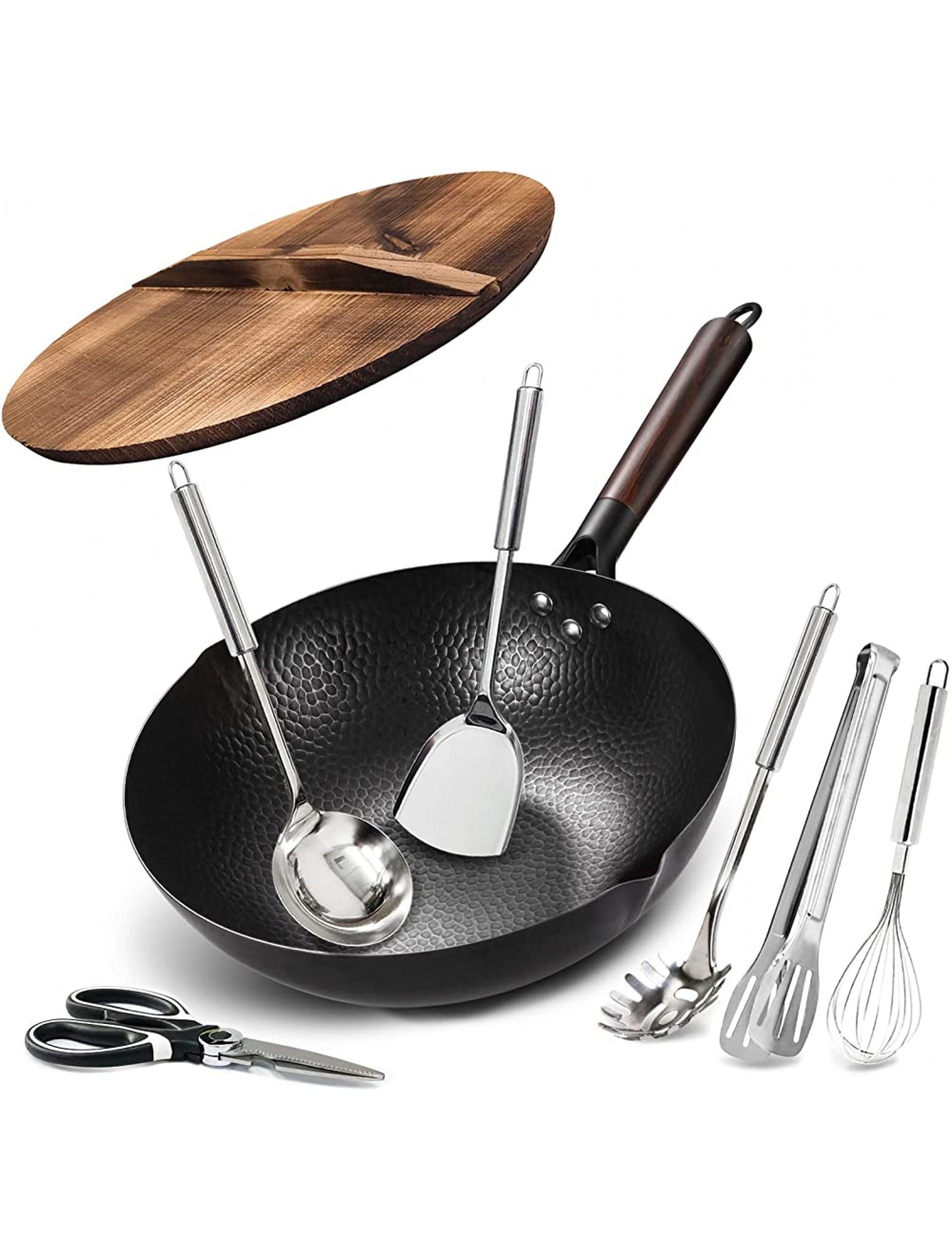 BrBrGo Wok Pan 13 Carbon Steel Stir Fry Wok Pan with Wooden Handle Flat Bottom Chinese Wok 10 Pieces Set with Cookware Accessories - BYL7UZ8TE