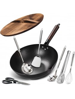 BrBrGo Wok Pan 13"  Carbon Steel Stir Fry Wok Pan with Wooden Handle Flat Bottom Chinese Wok 10 Pieces Set with Cookware Accessories - BYL7UZ8TE
