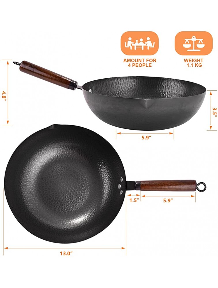 Carbon Steel Wok Pan 13 PCS Wok Set 13 Stir Fry Pan with Wooden Lid & Handle Chinese Wok with Wok Utensils Cookware Accessories Suitable for All Stoves - BRRUOGTUD