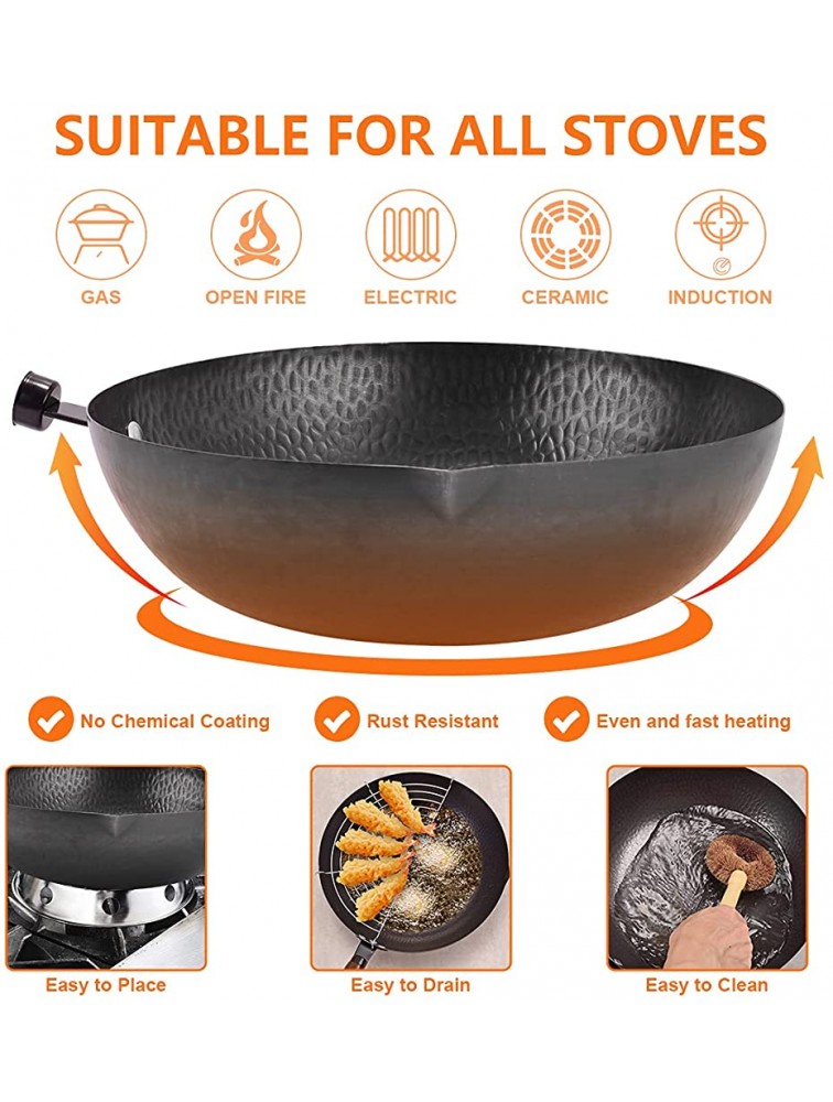 Carbon Steel Wok Pan 13 PCS Wok Set 13 Stir Fry Pan with Wooden Lid & Handle Chinese Wok with Wok Utensils Cookware Accessories Suitable for All Stoves - BRRUOGTUD