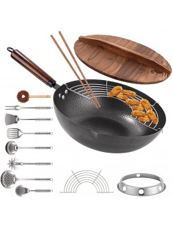 Carbon Steel Wok Pan 13 PCS Wok Set 13" Stir Fry Pan with Wooden Lid & Handle Chinese Wok with Wok Utensils Cookware Accessories Suitable for All Stoves - BRRUOGTUD