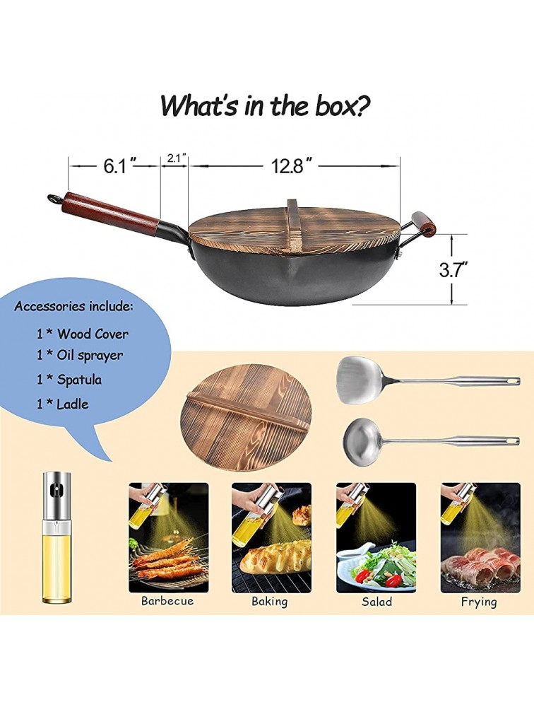 Carbon Steel Wok Pan Chemical-free Woks and Stir Fry Pans with Lid & Oil Sprayer Chinese Iron Pot with Wooden Handle 12.6 Cooking Pans for Electric Induction Gas Stoves Flat Bottom Even Heating - BLP2L9EIF