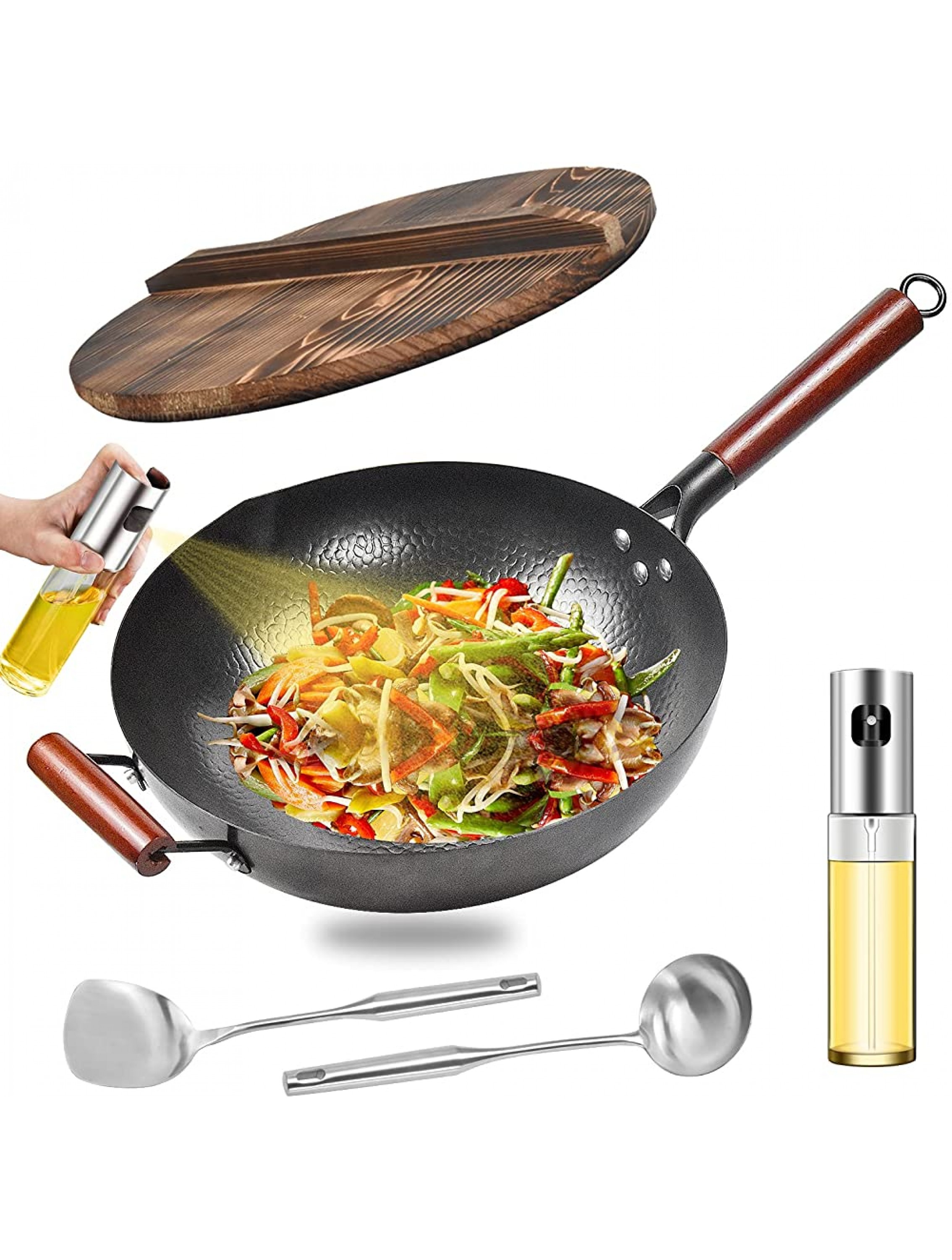 Carbon Steel Wok Pan Chemical-free Woks and Stir Fry Pans with Lid & Oil Sprayer Chinese Iron Pot with Wooden Handle 12.6 Cooking Pans for Electric Induction Gas Stoves Flat Bottom Even Heating - BLP2L9EIF