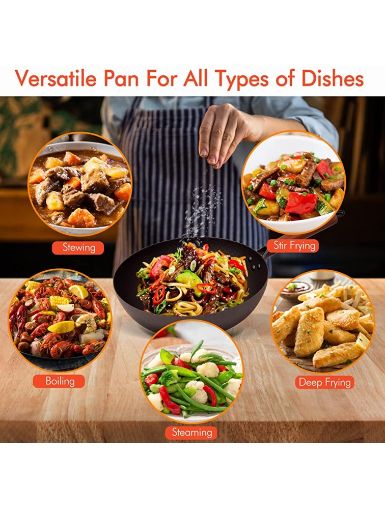 Carbon Steel Wok with Lid and Wooden Spatula 12.5 Inch Flat Bottom Wok Pan for Gas Electric and Induction Stoves Heat-Resistant Handle and Glass Lid with Stand Versatile Stir Fry Pan - BFI6ZYAY6