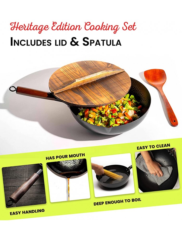 Gold Dragon Heritage Edition Carbon Steel Wok Pan with Lid | 12.5 Nonstick Restaurant Quality Wok Set for Flavorful Cooking | Traditional Hand-Hammered Stir Fry Pan | Round Flat Bottom Wok - BDP9TK37R