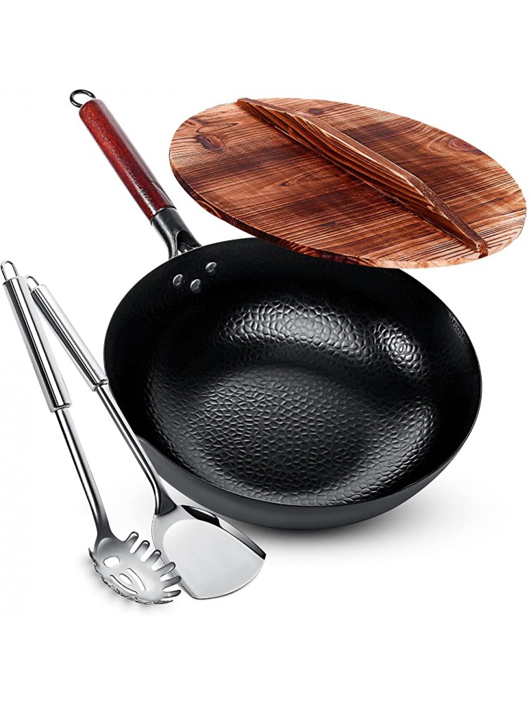 Homeries Carbon Steel Wok Pan Stir Fry Wok Set with Wooden Lid and Spatulas Non-Stick Flat Bottom Wok Frying Pan Suitable for Electric Induction and Gas Stoves 12.5" - BJ96BQ8LJ