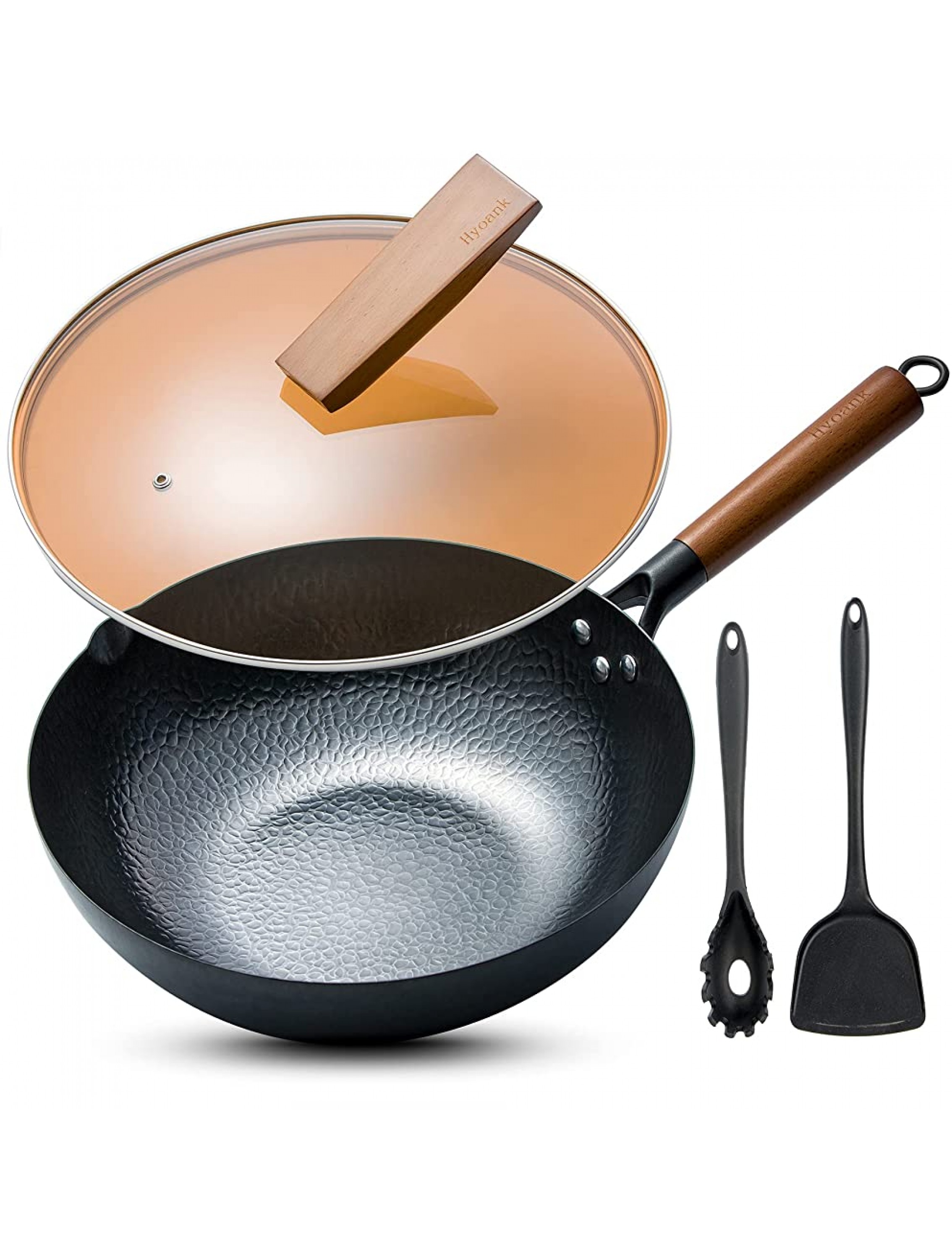 Hyoank Carbon Steel Wok Pan 12.5 Woks and Stir Fry Pans with Spatula and Pasta Server Wok with Lid Suits for all StovesFlat Bottom Wok… - B8B07C78L