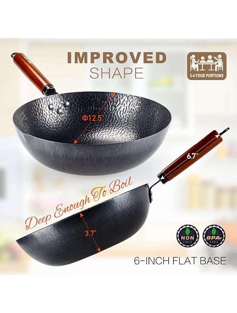 KCJOY Wok | Wok Pan with Lid Flat Bottom | 12.5 INCH Carbon Steel Wok Stir-Fry Pan with Detachable Wooden Handle | Traditional Chinese Wok for Electric Gas Induction Stovetops Oven Safe - B96MQ23D2