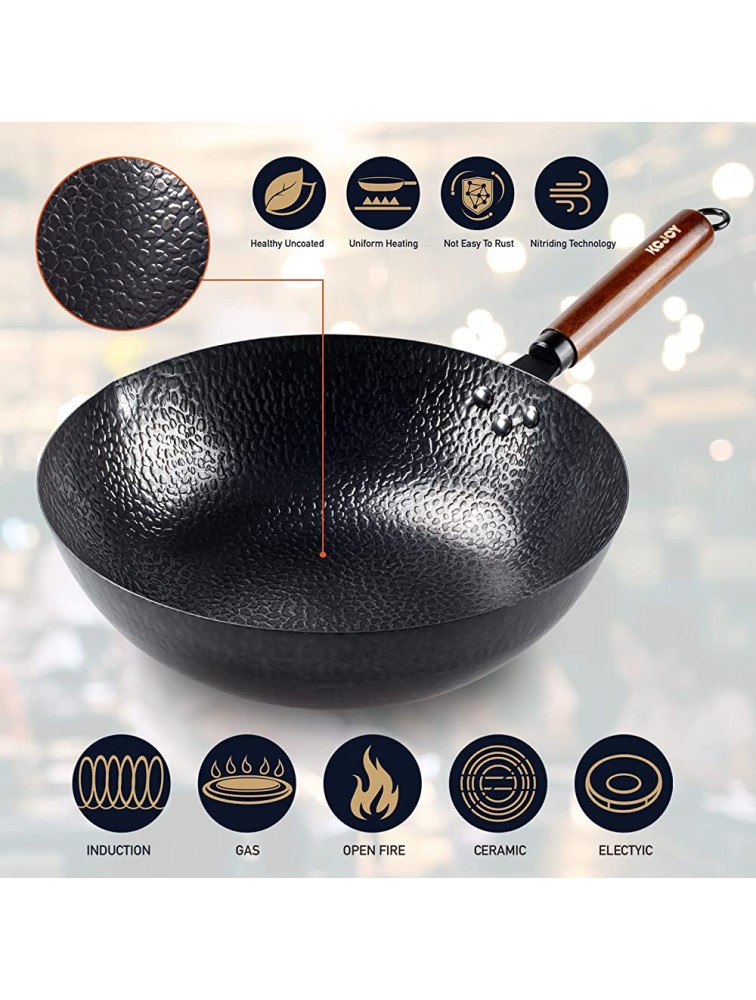 KCJOY Wok | Wok Pan with Lid Flat Bottom | 12.5 INCH Carbon Steel Wok Stir-Fry Pan with Detachable Wooden Handle | Traditional Chinese Wok for Electric Gas Induction Stovetops Oven Safe - B96MQ23D2