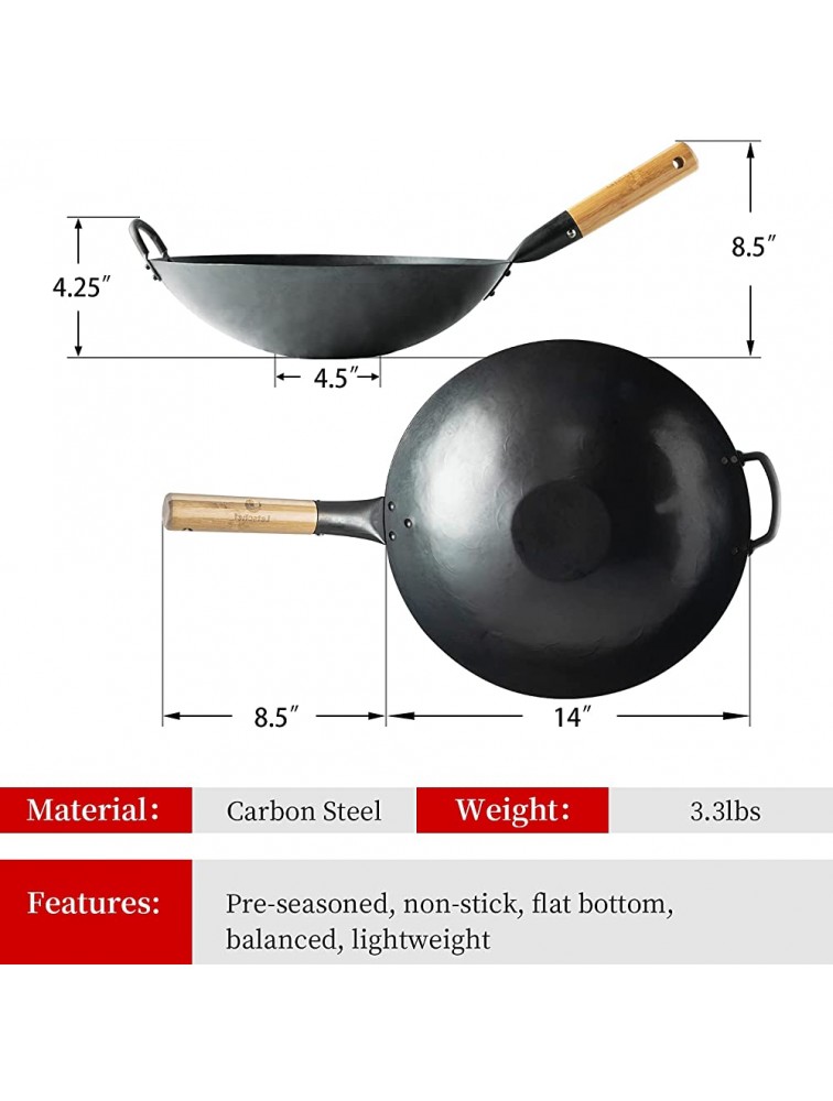 Letschef Carbon Steel Wok Preseasoned Flat Bottom Hand Hammered Stir Fry 14 IN Cooking Pan Wok with Bamboo Handle - BMLBAZKOF