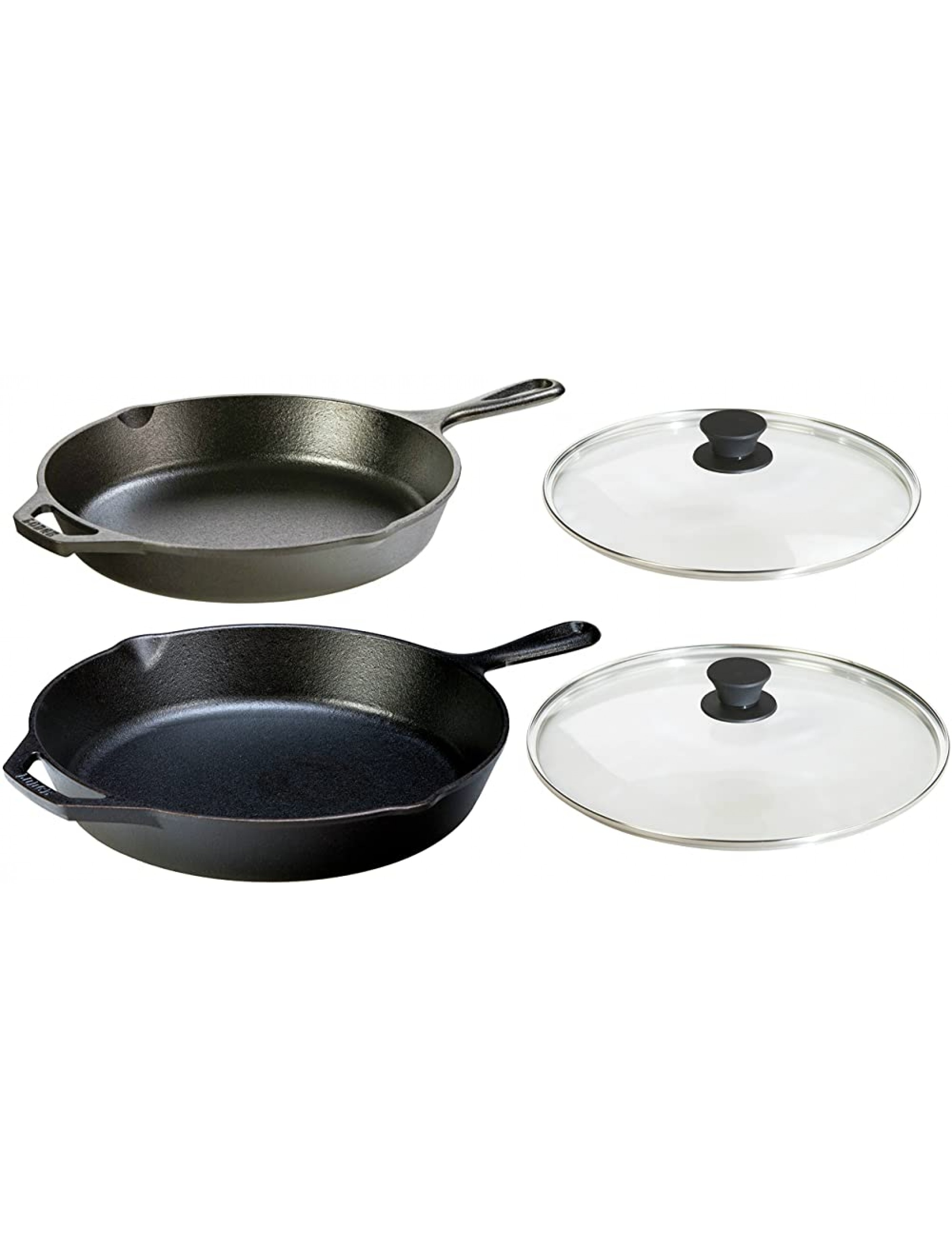 Lodge Seasoned Cast Iron 4 Piece Bundle. Two Sets of Cast Iron Skillets with Tempered Glass Lids. 10.25 Inch Set + 12 Inch Set - BK0RWRY4C