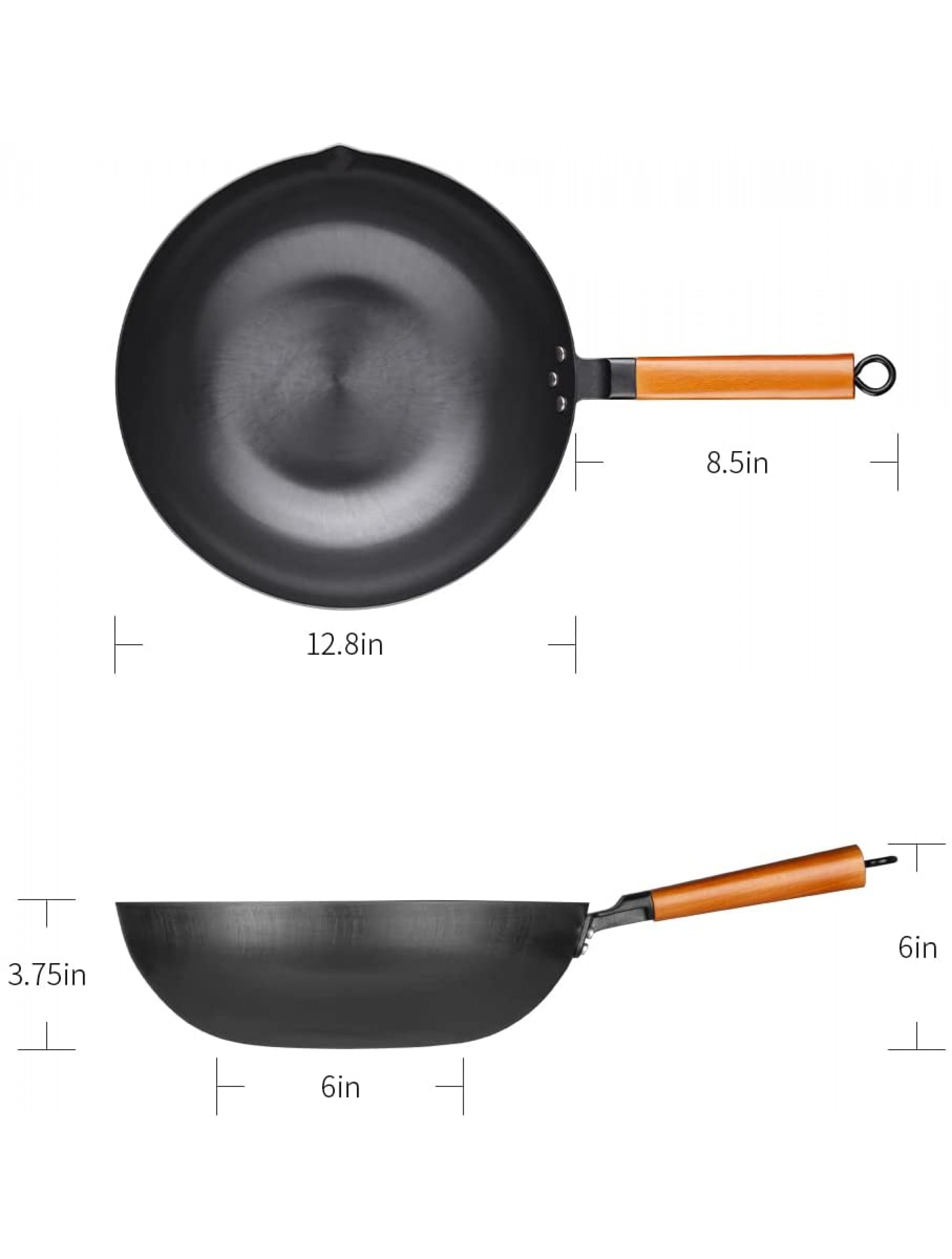 Natural Carbon Steel Wok Pan 12.5” No Nonstick Coating Woks and Stir Fry Pans 100% No Chemical Traditional Chinese Iron Pot with Wooden Handle Flat Bottom for Seasoning All Stoves -Black Steel Wok - BRA8TWJ5X