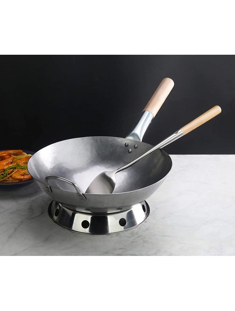 New Star Foodservice 1028720 Carbon Steel Pow Wok Set with Wood and Steel Helper Handle Hand Hammered Includes 14 Round Bottom Wok Wok Rack Ring and Spatula Hand Wash Recomended - BVU9GQ93M