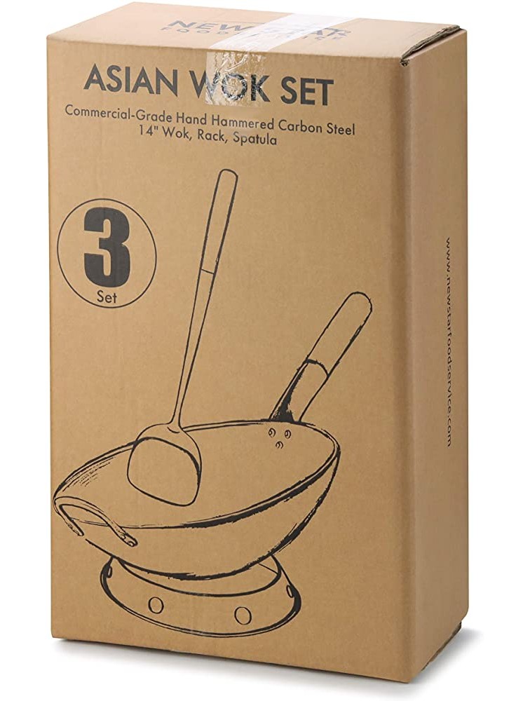 New Star Foodservice 1028720 Carbon Steel Pow Wok Set with Wood and Steel Helper Handle Hand Hammered Includes 14 Round Bottom Wok Wok Rack Ring and Spatula Hand Wash Recomended - BVU9GQ93M