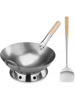 New Star Foodservice 1028720 Carbon Steel Pow Wok Set with Wood and Steel Helper Handle Hand Hammered Includes 14" Round Bottom Wok Wok Rack Ring and Spatula Hand Wash Recomended - BVU9GQ93M