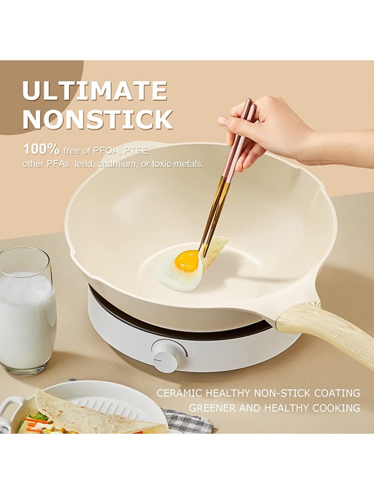 Nonstick Wok Pan with Lid 12 Inch Die-cast Aluminum Stir Fry Pan with Ergonomic Handle and Unique Cover Beads Induction Wok Pan Scratch Resistant 100% PFOA Free Suit for all Stoves Beige - BUXQCMK95