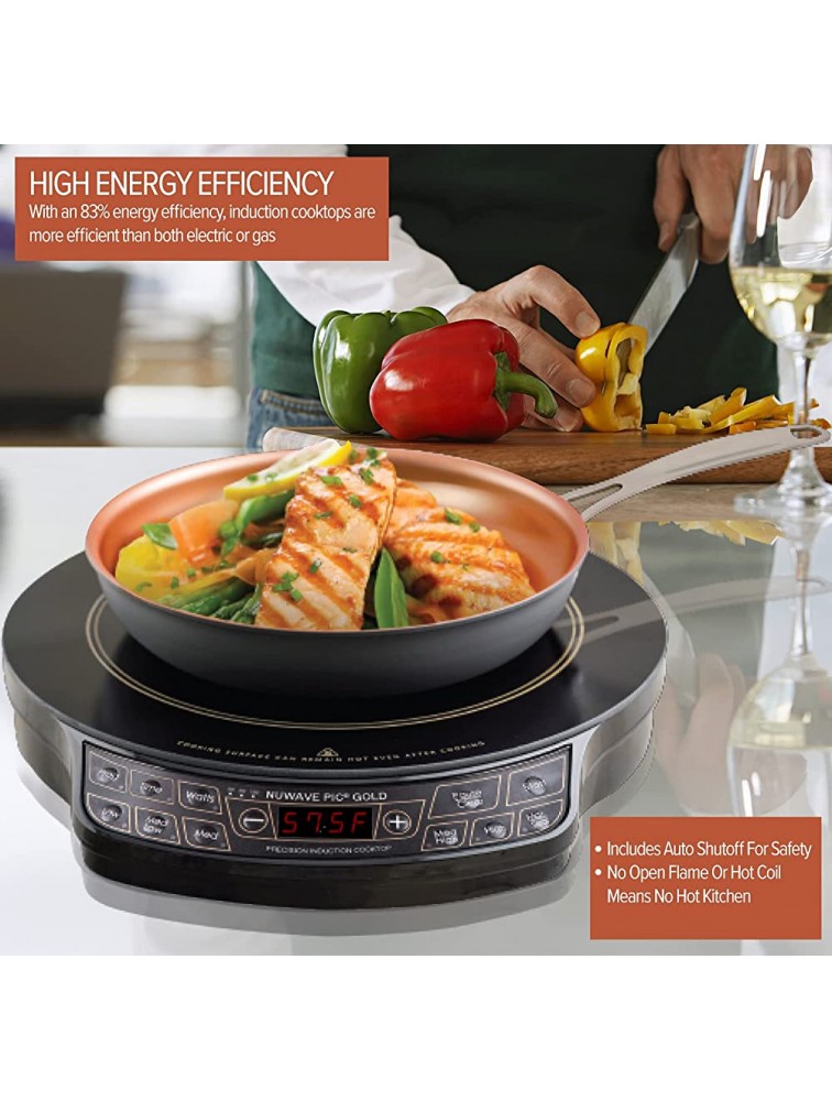 NUWAVE Gold Precision Induction Cooktop Portable Powerful with Large 8” Heating Coil 52 Temperature Settings from 100°F to 575°F in 10°F Increments 3 Wattage Settings 600 900 and 1500 Watts 12” Heat-Resistant Cooking Surface Safe for Jumbo Stock Pot up to 50 LB. Perfect for Dorms RVs Hotel Rooms and Cabins Boil Simmer Fry Deep Fry Stir Fry Sauté Steam Sear Slow Cook BBQ Melt Grill and Warm - BYC7WREGA