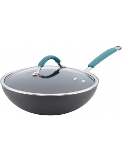 Rachael Ray Cucina Hard Anodized Nonstick Stir Fry Wok Pan with Lid 11 Inch Gray with Blue Handles - BT0P3EO7Z