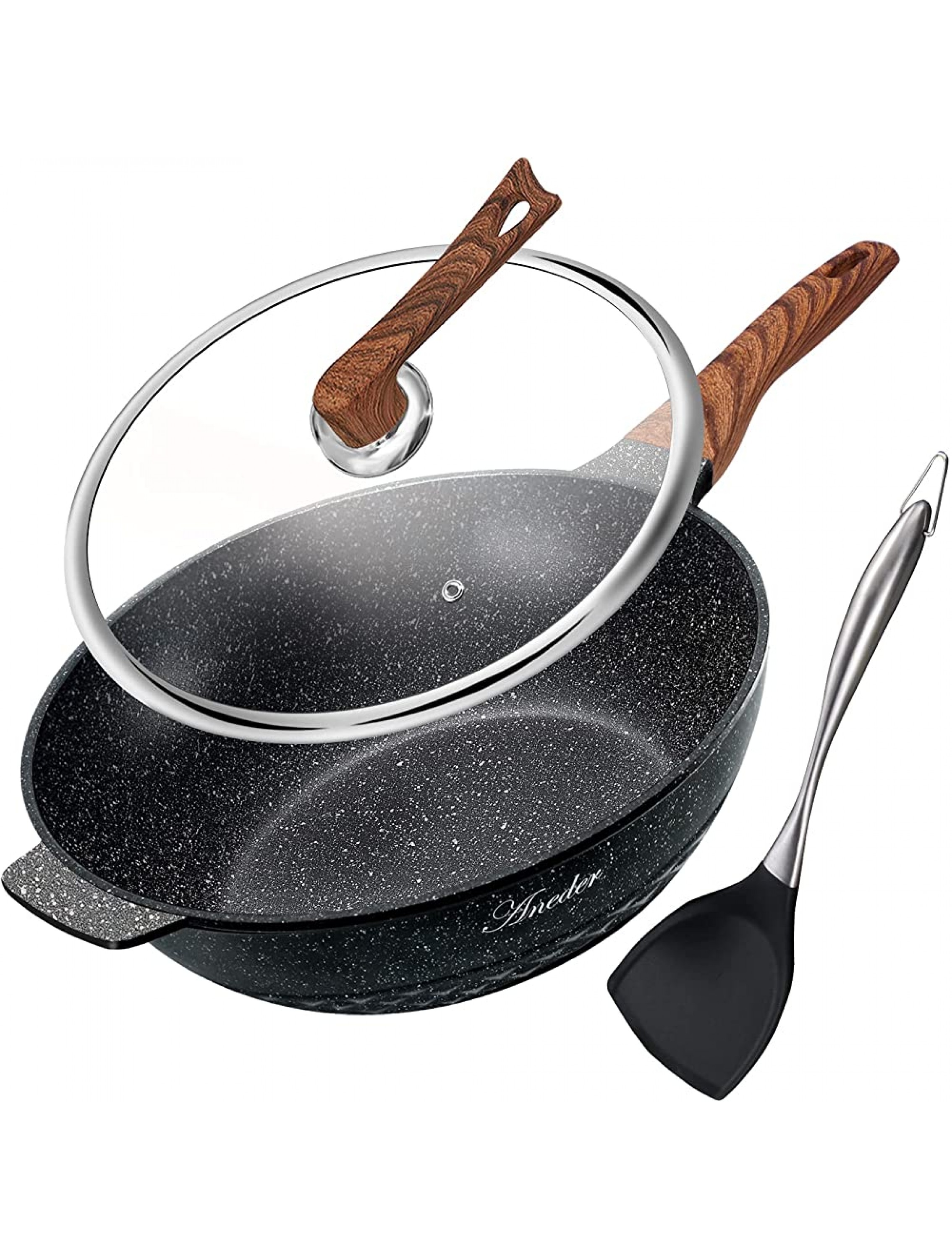 Wok Pan Nonstick 12.5 Inch Skillet Aneder Frying Pan with Lid & Spatula Wok Pans for Cooking Electric Induction & Gas Stoves Oven Safe - BGMWY3Y9K