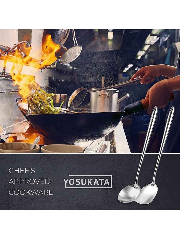 Yosukata Carbon Steel Wok Pan 14 “ and YOSUKATA 17’’ Wok Spatula and Ladle Set of 2 Heat-Resistant Wok Tools - BVGPBNWQX