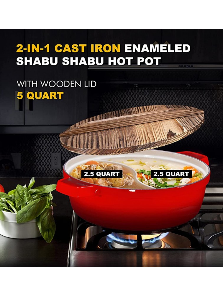 Non-Stick 2-In-1 Cast Iron Enameled Shabu Shabu Hot Pot with Wooden Lid – Heavy Duty 5 Quart Red - BA81J6MP6