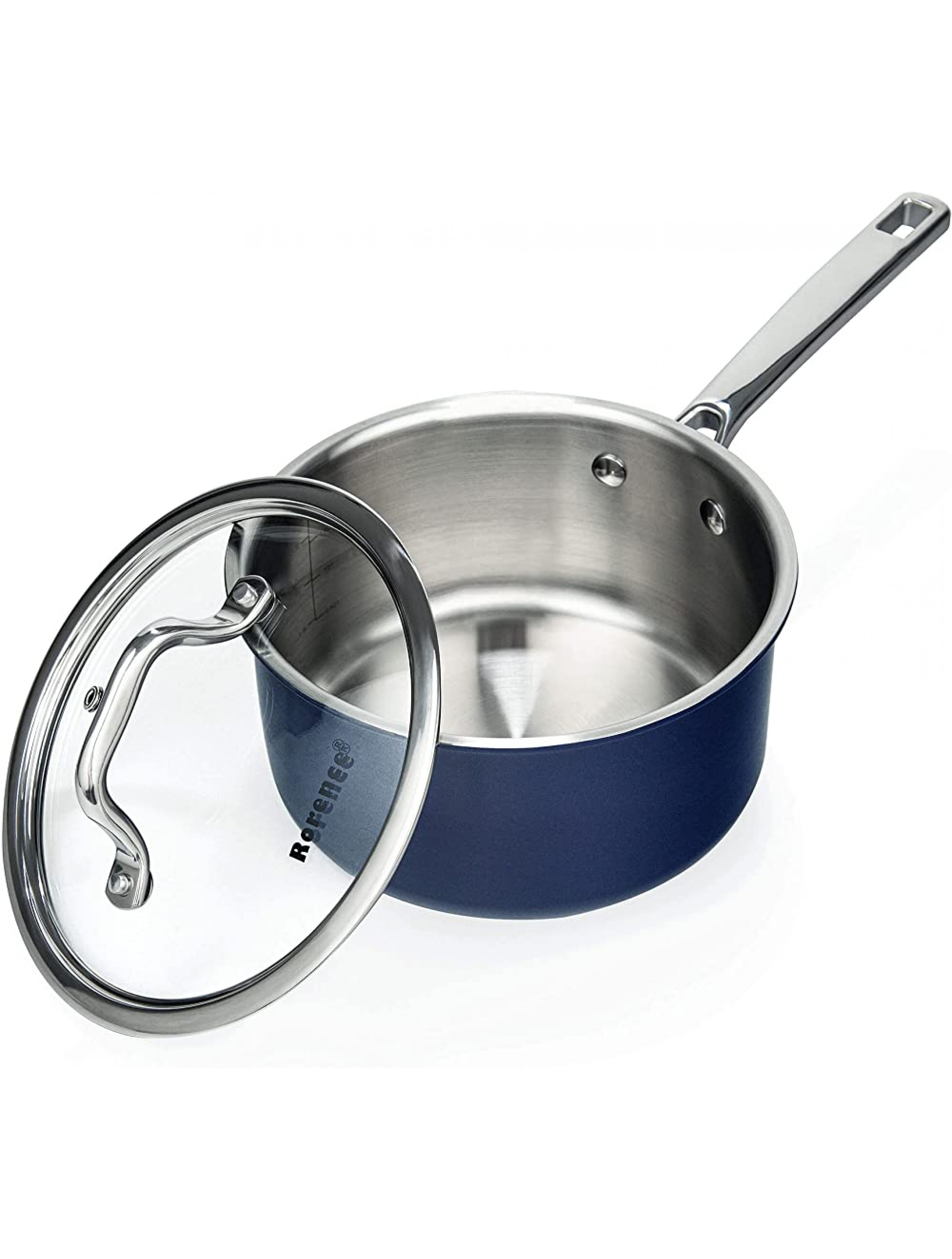 Rorence Stainless Steel Saucepan: 2-Ply Healthy Soup Pot with Glass Lid Navy Blue 2.5 Quart - BH3K0HHI0