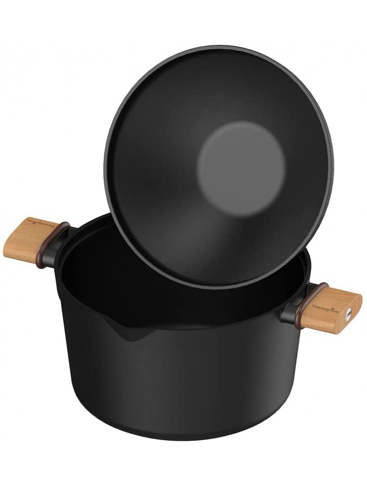 Stock Pot with Lid,Taste plus Nonstick Aluminum Small Soup Pot with Wooden Dual Handles and Steamer Inser 4QT Black - BETF7LC6H