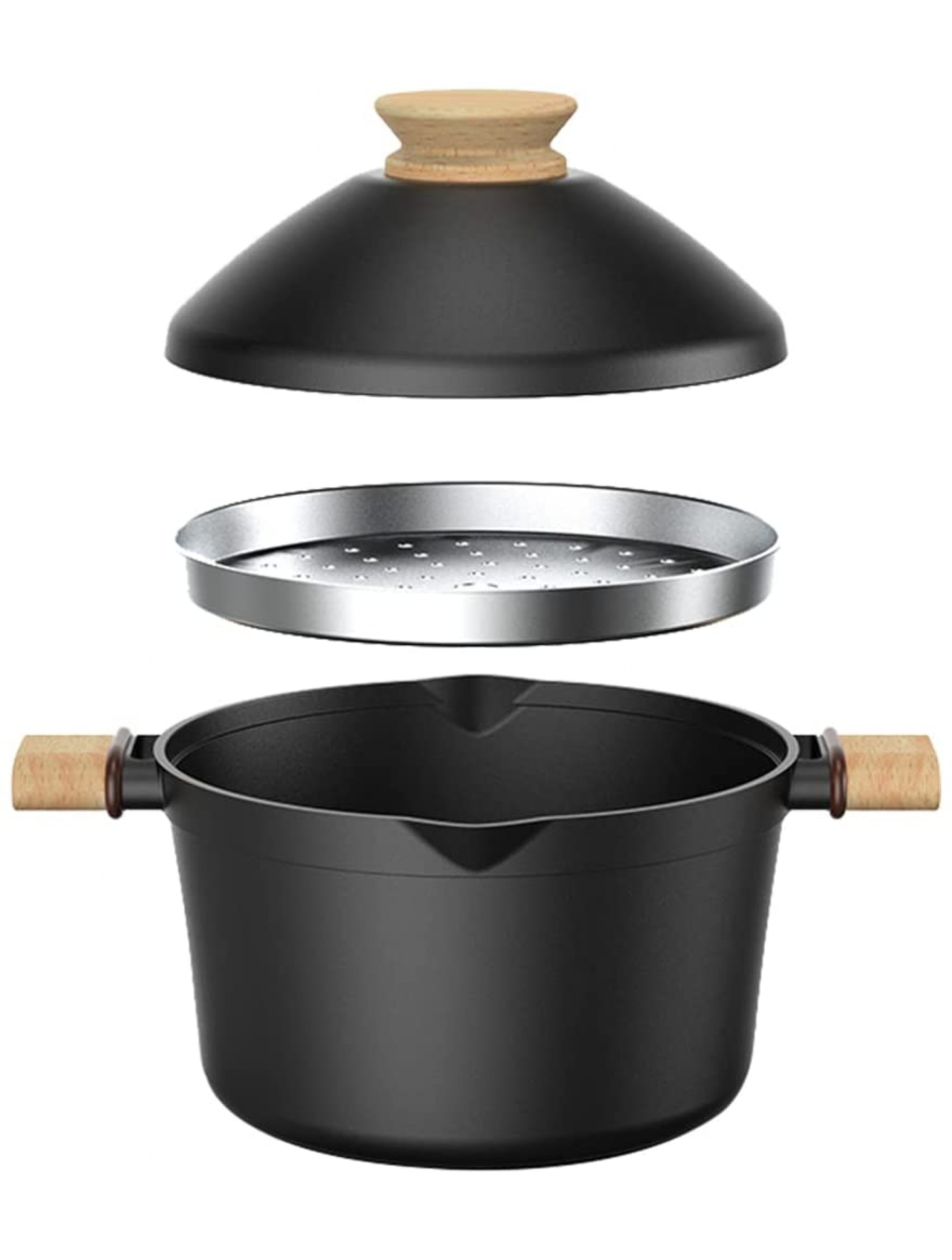 Stock Pot with Lid,Taste plus Nonstick Aluminum Small Soup Pot with Wooden Dual Handles and Steamer Inser 4QT Black - BETF7LC6H