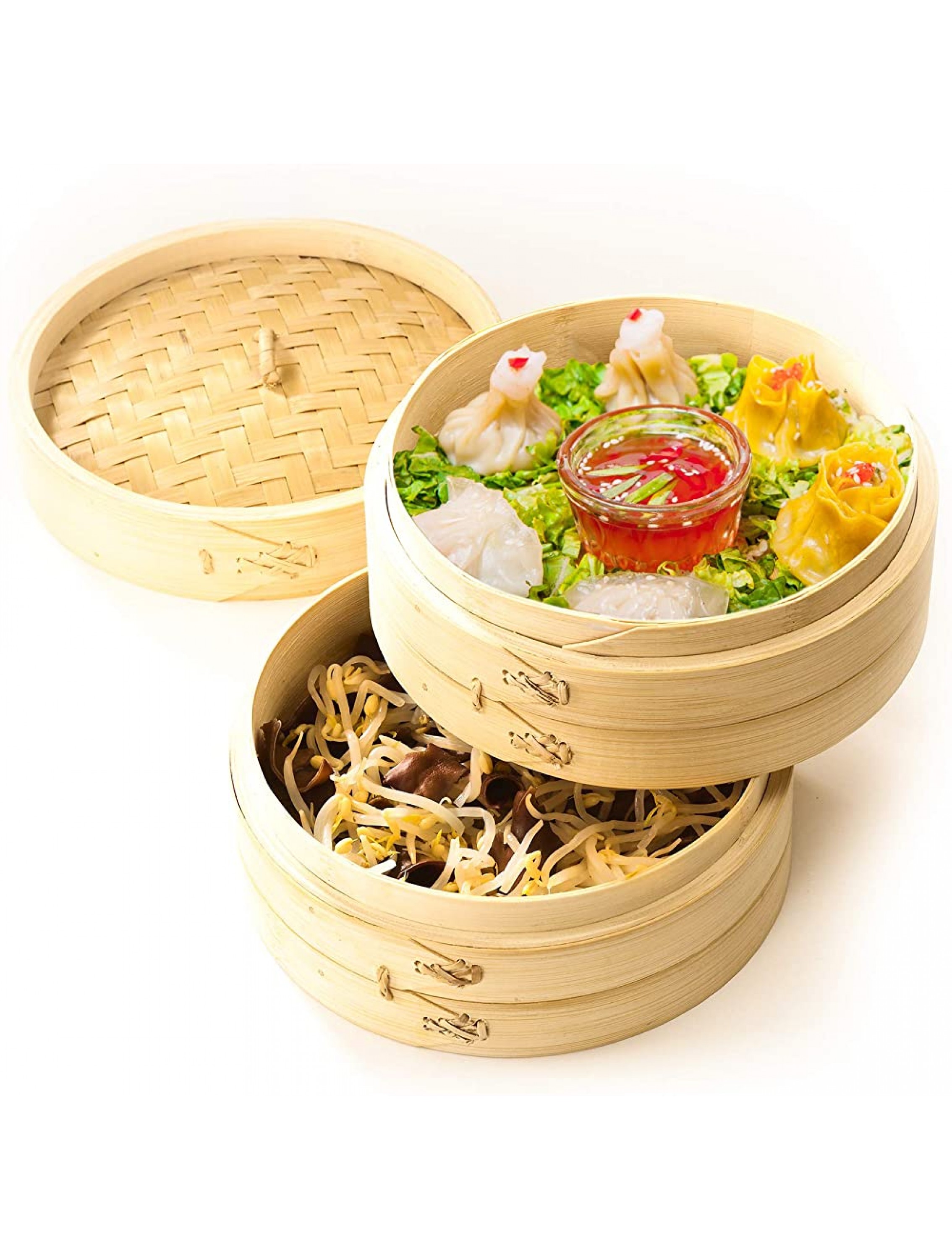 Bamboo Steamer 10 inch Chinese Steaming Basket for Cooking Dumplings Meat Fish Vegetables Bao Bun and Rice Dim Sum Steamer Liners and Chopsticks - BWPOT65EO