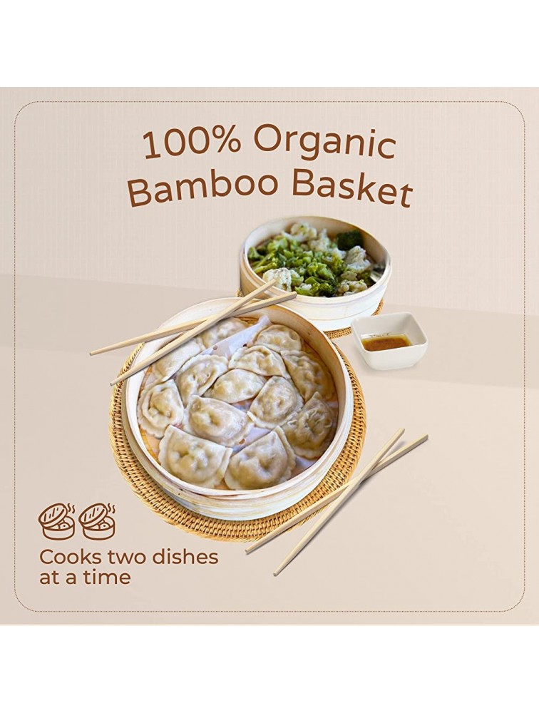 Bamboo Steamer basket 10 inch 2-Tier for Bao Bun steamer,Asian Food Dim Sum Chinese Dumpling Steamer Rice & Vegetables Set with 2 Pairs of Chopsticks 50 Paper Liners & 1 Sauce Dish Zen Culinary - B7U6C0QXF