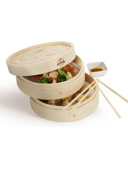 Bamboo Steamer basket 10 inch 2-Tier for Bao Bun steamer,Asian Food Dim Sum Chinese Dumpling Steamer Rice & Vegetables Set with 2 Pairs of Chopsticks 50 Paper Liners & 1 Sauce Dish Zen Culinary - B7U6C0QXF