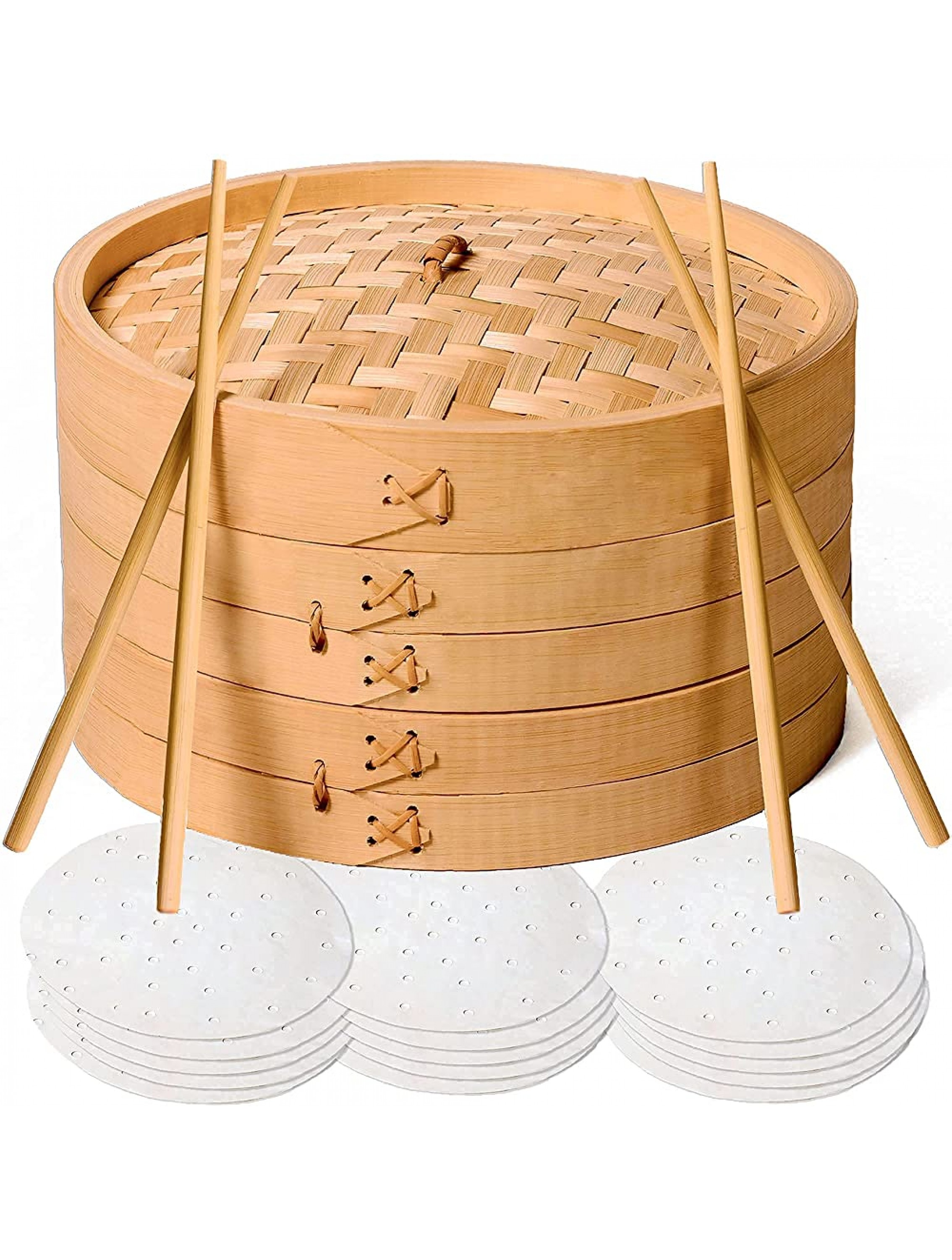 Bamboo Steamer Basket 10 Inch Handmade 2 Tier Dumpling Steamer with Lid for Asian Cooking Dim Sum Vegetables Rice Fish 50 Bamboo Steamer Liners with 2-Pairs of Chopsticks - BPC94KCZL