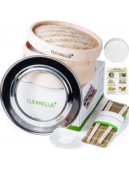 Cleanclue Bamboo Steamer Basket 10 inch and Sushi Roller Set for Cooking Asian FoodKorean Japanese and Chinese Dumpling Bao Bun Dim Sum with Steamer Ring 20 liner 2 Chopsticks and Sauce Dish - BVPK6X4AB