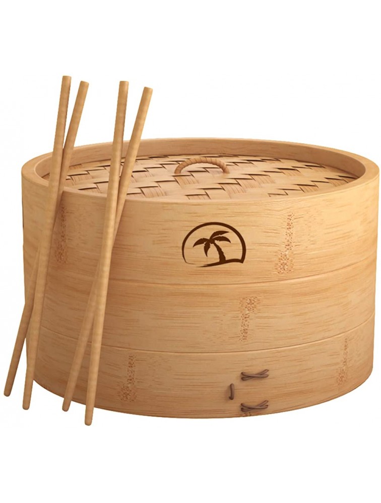 DEALZNDEALZ 3-Piece Bamboo Steamer Basket with Lid 10-inch 2-Tier 50 Perforated Bamboo Steamer Liners with 2-Pairs of Bamboo Chopsticks - BG1NAXSF5