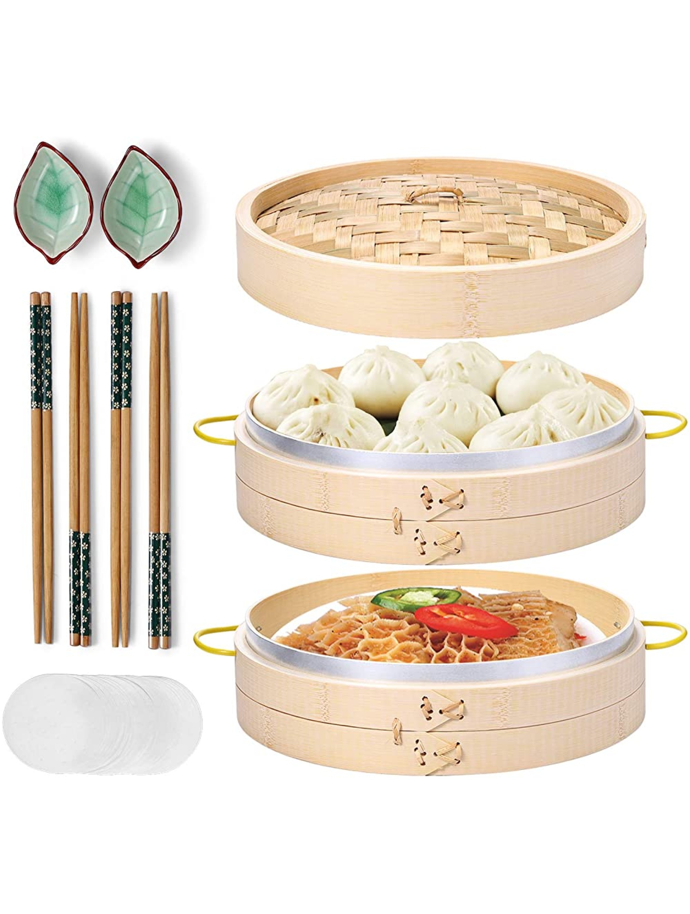 MacaRio Bamboo Steamer Basket Set 10 inch Steamer for Cooking with Side Handles Chopsticks Ceramic Sauce Dishes Paper Liners for Dim Sum Dumplings Buns Seafoods Rice Asian Foods - B2UDKPXDL