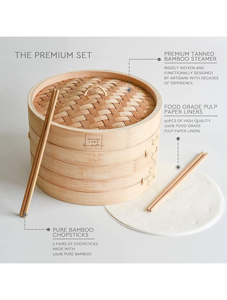 Maison Lune Bamboo Steamer 10 inch Includes 2 pairs of Chopsticks Liners 20 pieces Steamer Basket for Cooking Dumpling Dim Sum Bao Bun Vegetable - BL79OYFZD