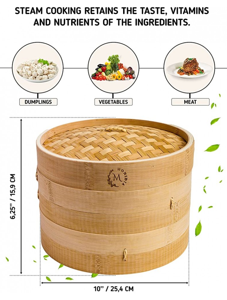 Monidia Bamboo Steamer Basket 10 Inch Natural Healthy 2-Tier Chinese Dumpling Cooking Steam Baskets Complete with 2 Pairs Chopsticks 50 Wax Papers and 1 Sauce Dish - BXRE135MZ