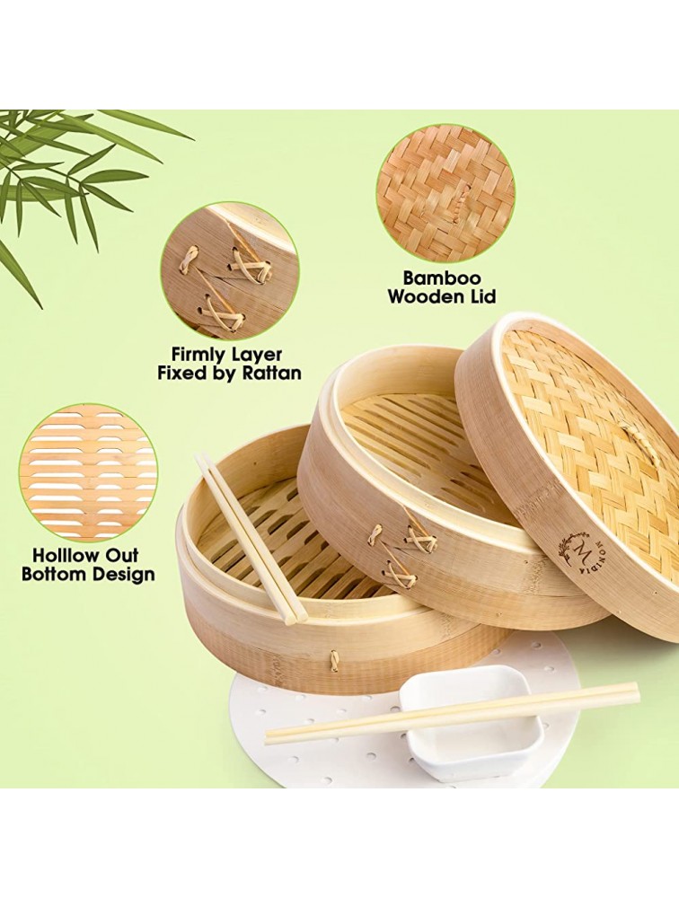 Monidia Bamboo Steamer Basket 10 Inch Natural Healthy 2-Tier Chinese Dumpling Cooking Steam Baskets Complete with 2 Pairs Chopsticks 50 Wax Papers and 1 Sauce Dish - BXRE135MZ