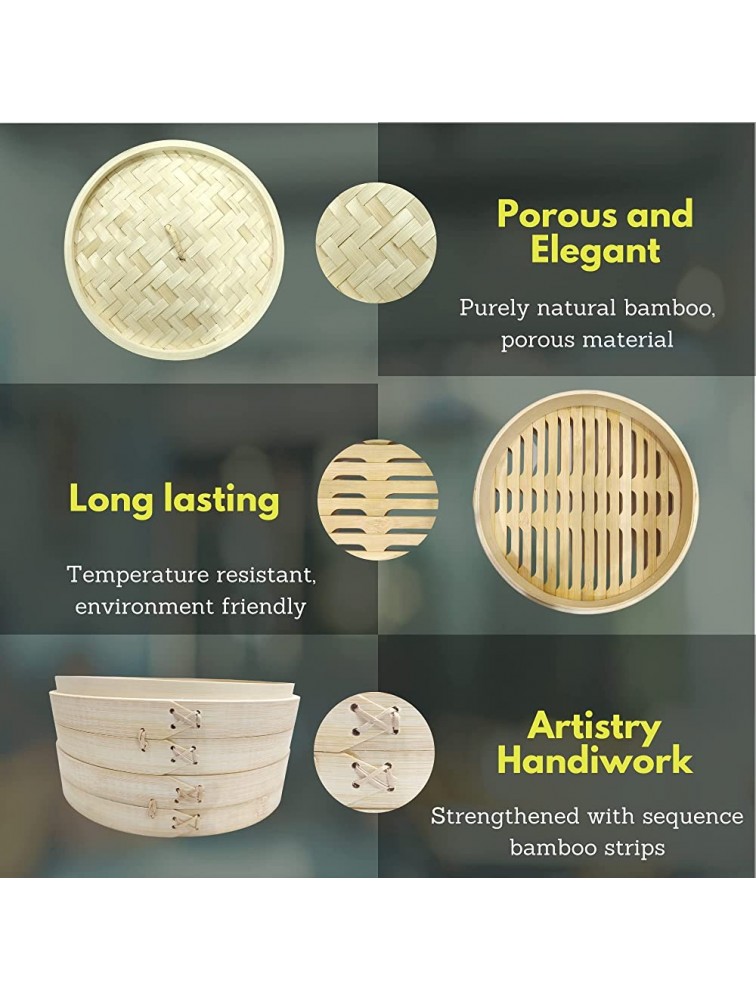 Omnintuit Bamboo Steamer 10 Inch Traditional Basket 2 Tier Design 2 Reusable Cotton Liner 30 Perforated Liner with 2 Pair Chopsticks for Cooking Dim Sum Dumpling Rice Meat Veggies - BAMST8IPV