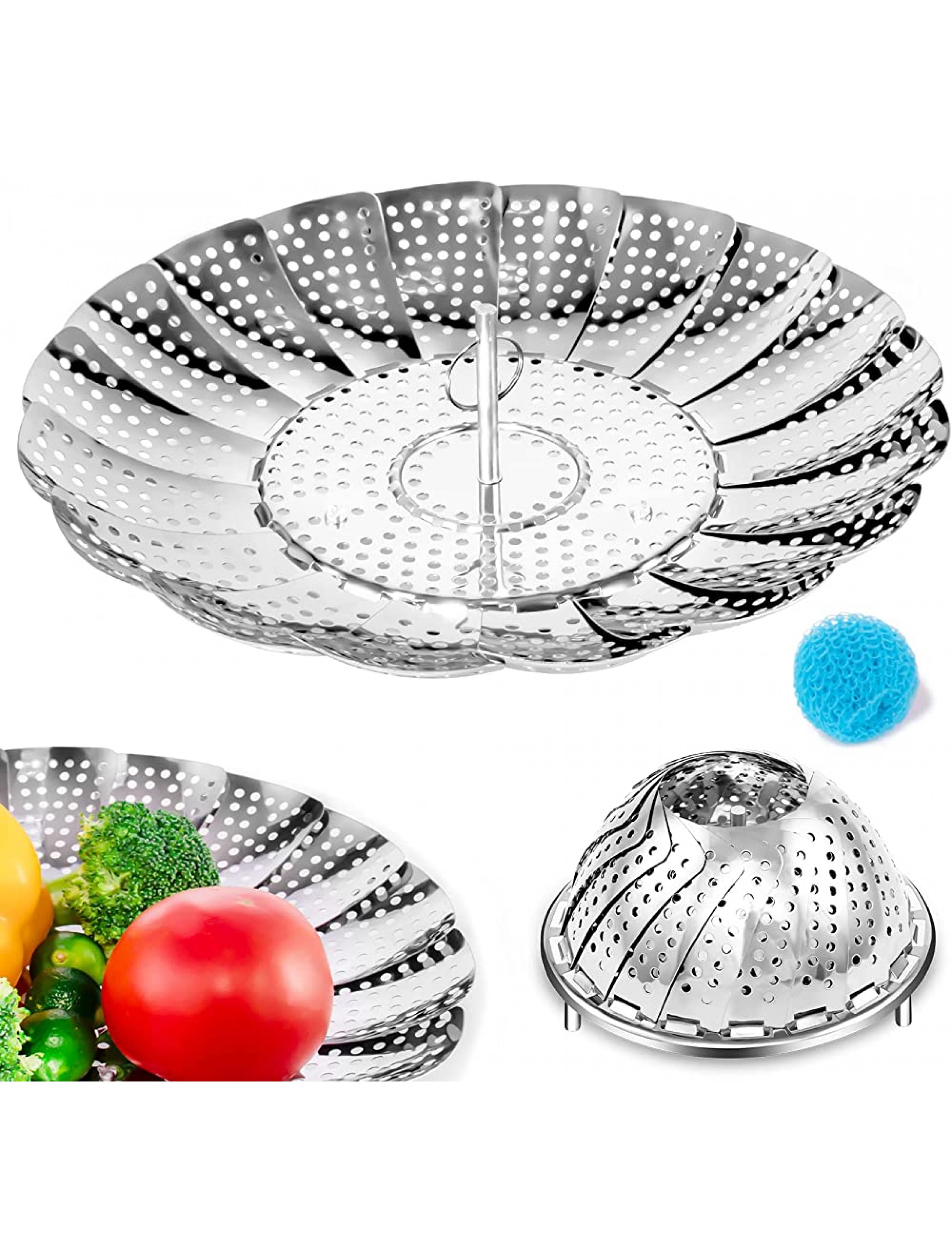 Vegetable Steamer Stainless Steel Steamer Basket for Cooking Seafood Vegetable and Food Folding Expandable Steamer for Cooking to Fits Various Size Pot Free Cleaning Ball Attached 6 to 11 - BK8S0UYYH