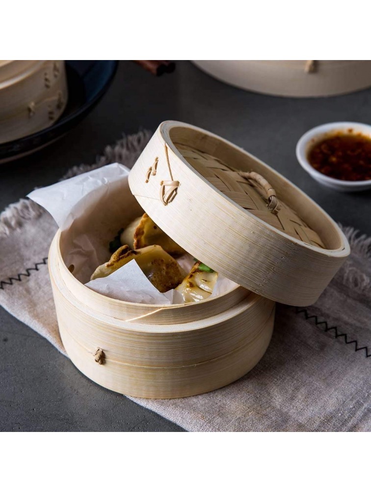 Yuho Asian Kitchen 6 Inch Bamboo Steamer Basket Individually Box 2 Tiers & Lid 10 Parchment Liners Perfect For Steaming Dumplings Vegetables Meat Fish Rice Holiday Gifts - B1ACRLQ7X